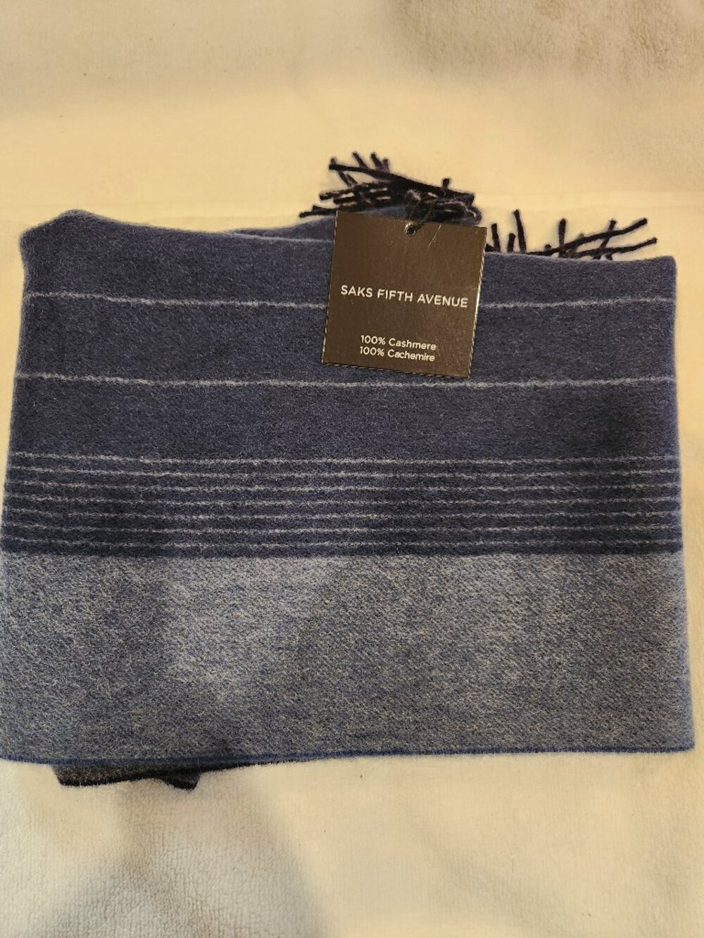 NWT Saks Fifth Avenue Blue Plaid Stripe 100% Cashmere Fringe Scarf 68x12